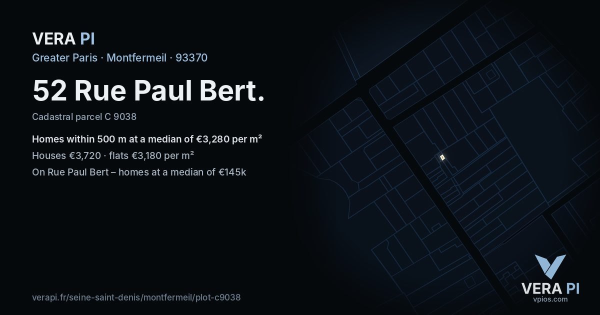 52 Rue Paul Bert, Montfermeil at night – the plot lit, the parcels around coloured by the prices near them