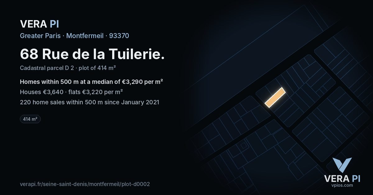 68 Rue de la Tuilerie, Montfermeil at night – the plot lit, the parcels around coloured by the prices near them