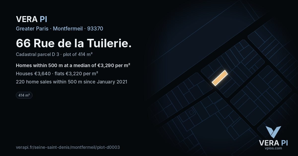 66 Rue de la Tuilerie, Montfermeil at night – the plot lit, the parcels around coloured by the prices near them