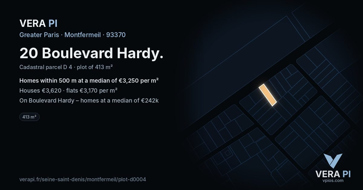 20 Boulevard Hardy, Montfermeil at night – the plot lit, the parcels around coloured by the prices near them