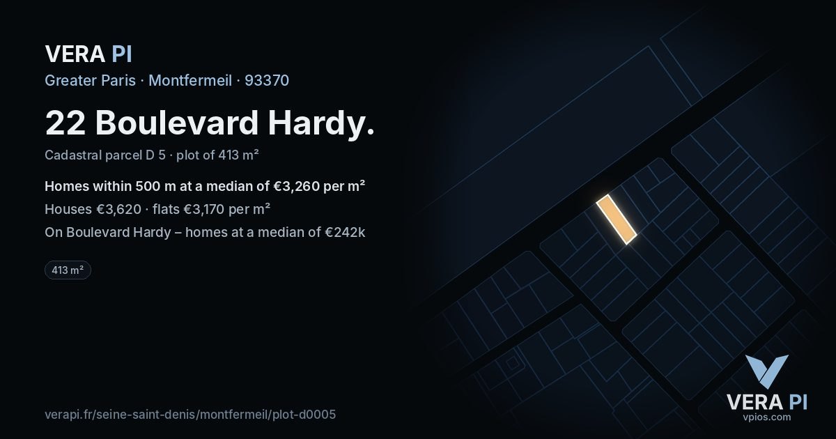 22 Boulevard Hardy, Montfermeil at night – the plot lit, the parcels around coloured by the prices near them