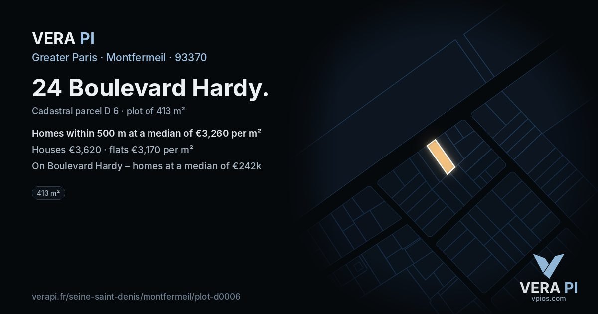 24 Boulevard Hardy, Montfermeil at night – the plot lit, the parcels around coloured by the prices near them