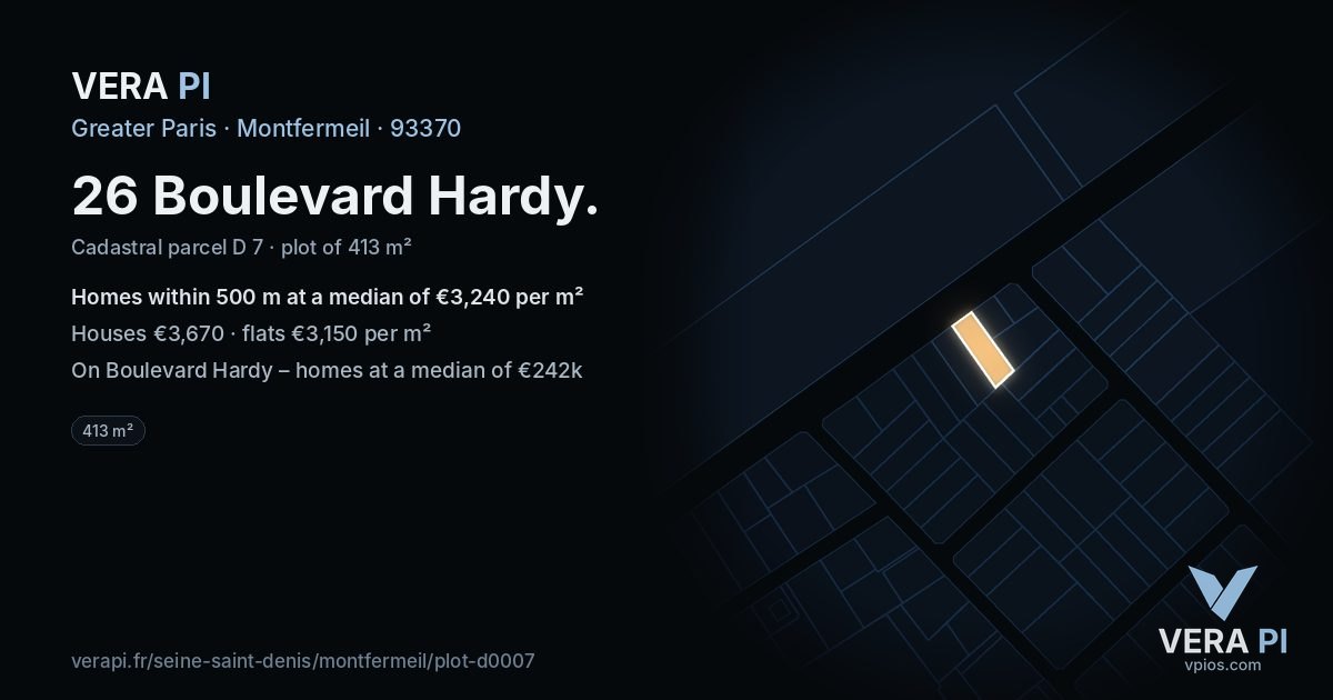 26 Boulevard Hardy, Montfermeil at night – the plot lit, the parcels around coloured by the prices near them