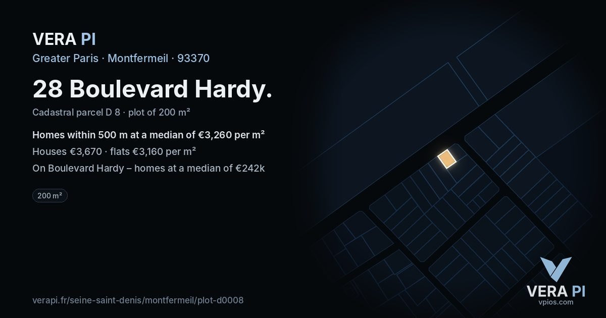 28 Boulevard Hardy, Montfermeil at night – the plot lit, the parcels around coloured by the prices near them