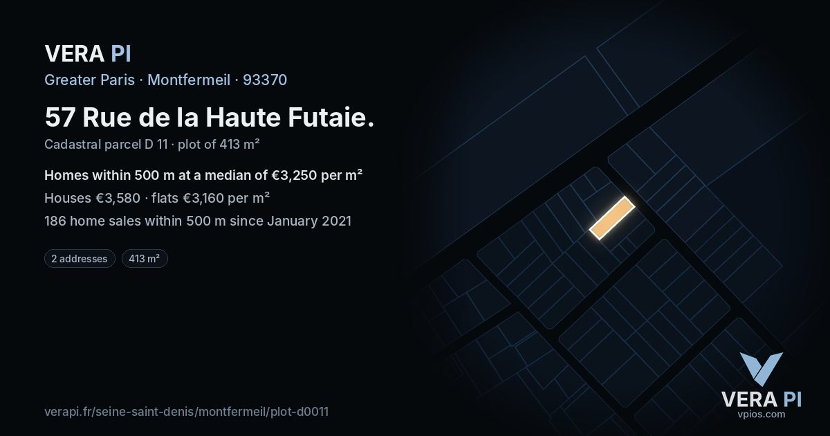57 Rue de la Haute Futaie, Montfermeil at night – the plot lit, the parcels around coloured by the prices near them