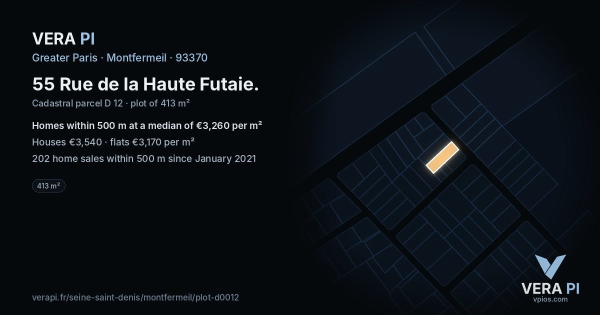 55 Rue de la Haute Futaie, Montfermeil at night – the plot lit, the parcels around coloured by the prices near them
