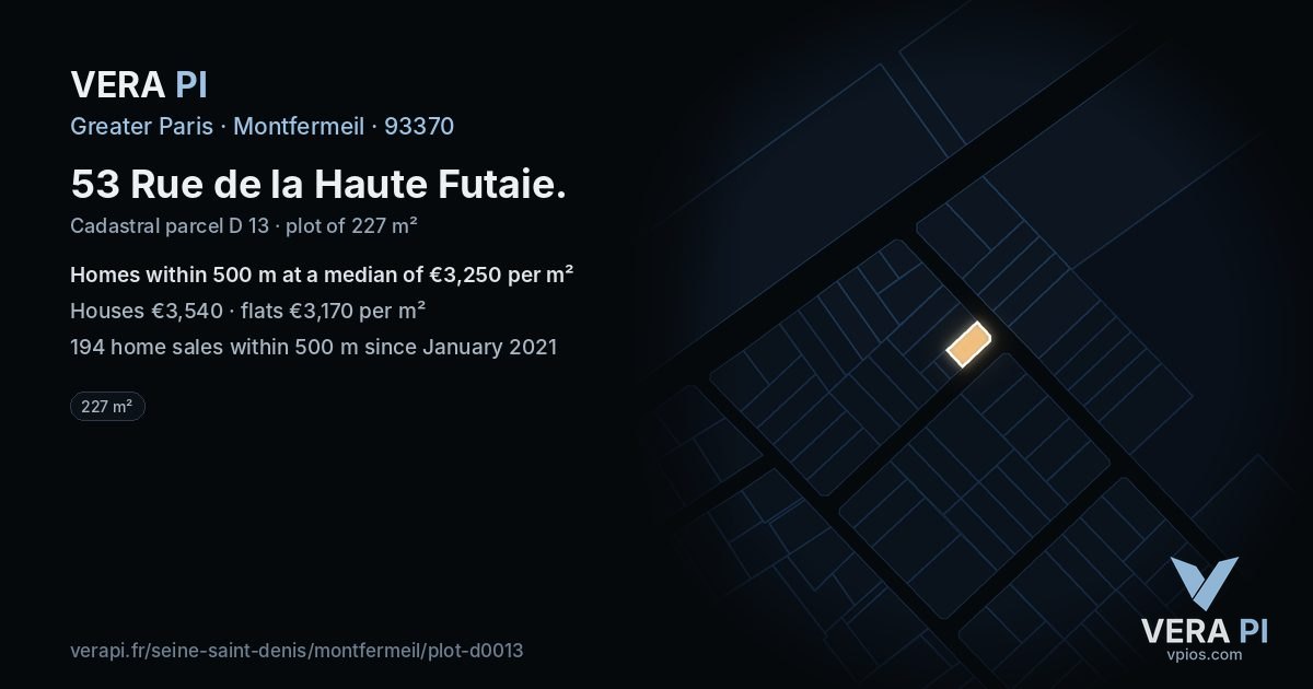 53 Rue de la Haute Futaie, Montfermeil at night – the plot lit, the parcels around coloured by the prices near them