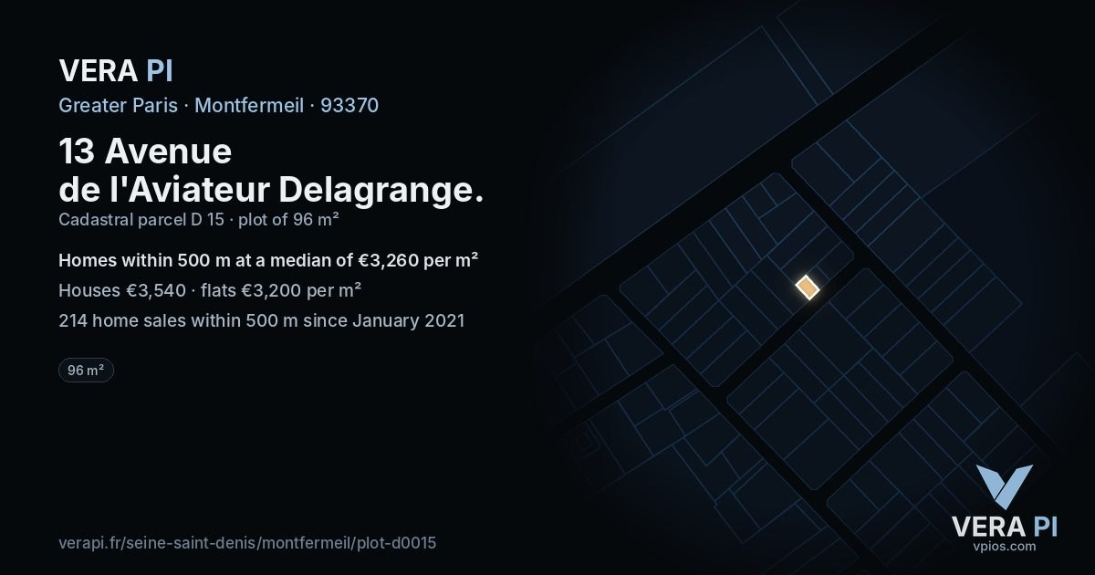 13 Avenue de l'Aviateur Delagrange, Montfermeil at night – the plot lit, the parcels around coloured by the prices near them