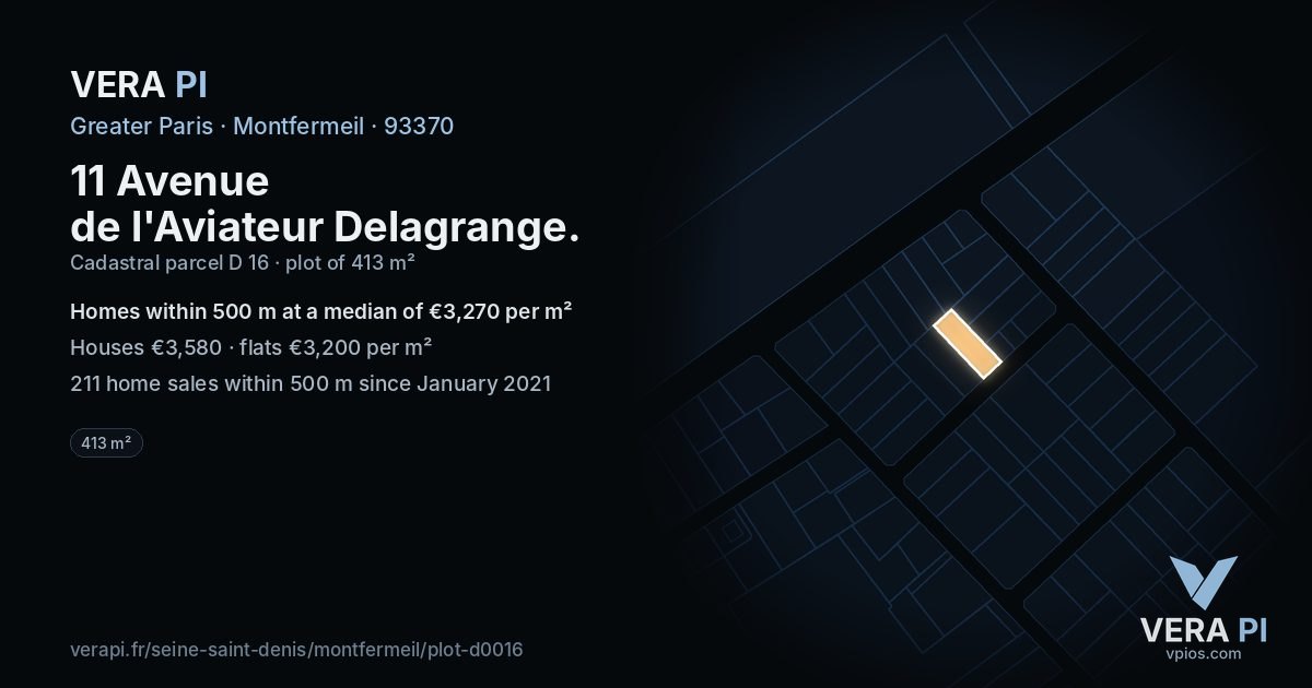11 Avenue de l'Aviateur Delagrange, Montfermeil at night – the plot lit, the parcels around coloured by the prices near them