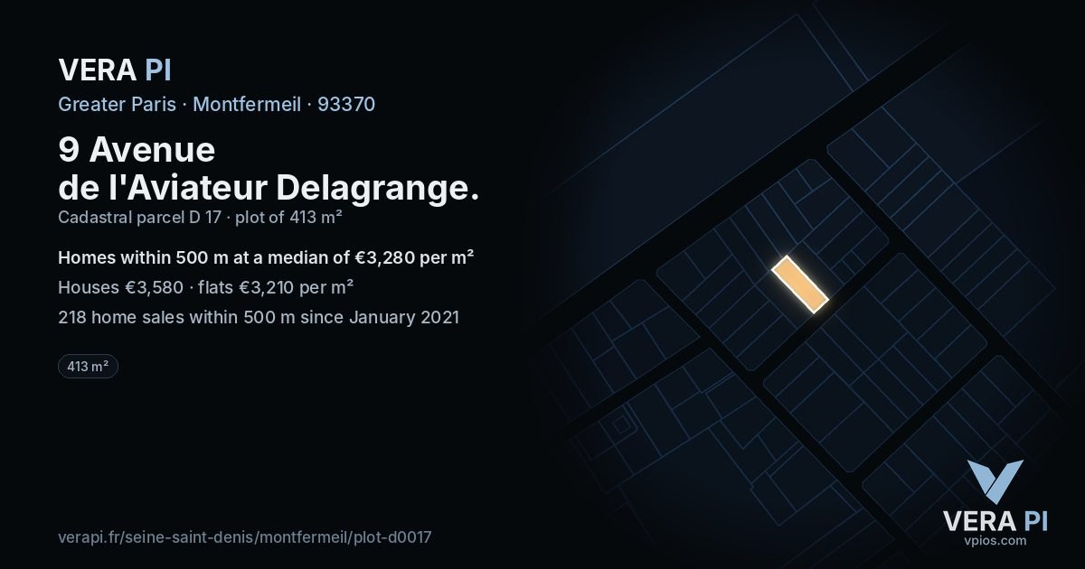 9 Avenue de l'Aviateur Delagrange, Montfermeil at night – the plot lit, the parcels around coloured by the prices near them