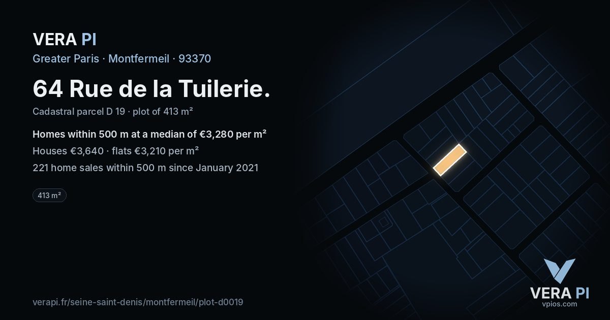 64 Rue de la Tuilerie, Montfermeil at night – the plot lit, the parcels around coloured by the prices near them