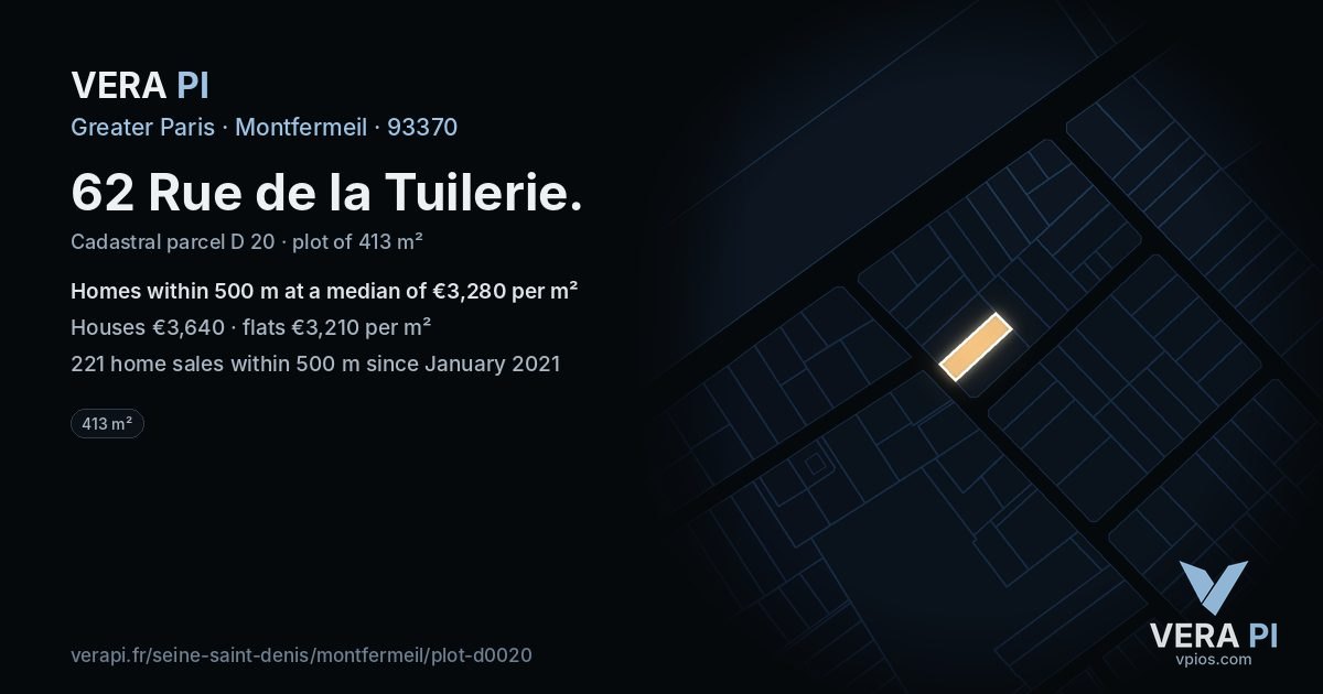 62 Rue de la Tuilerie, Montfermeil at night – the plot lit, the parcels around coloured by the prices near them