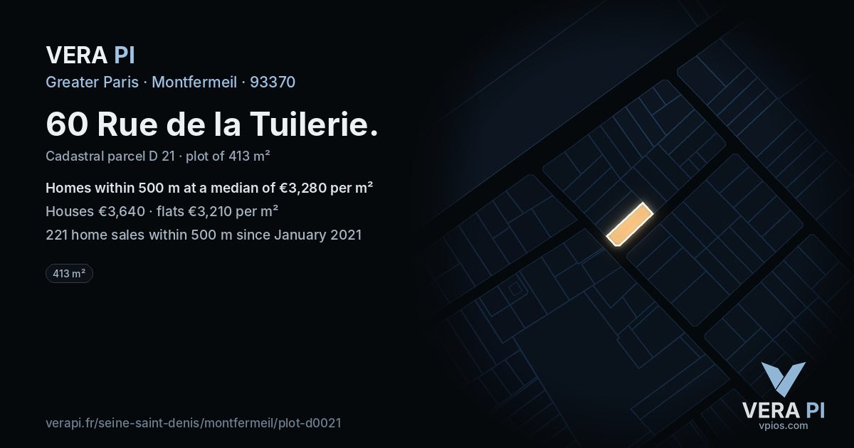 60 Rue de la Tuilerie, Montfermeil at night – the plot lit, the parcels around coloured by the prices near them