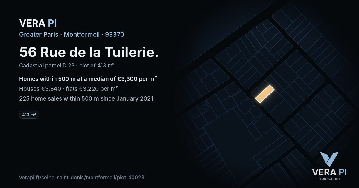 56 Rue de la Tuilerie, Montfermeil at night – the plot lit, the parcels around coloured by the prices near them