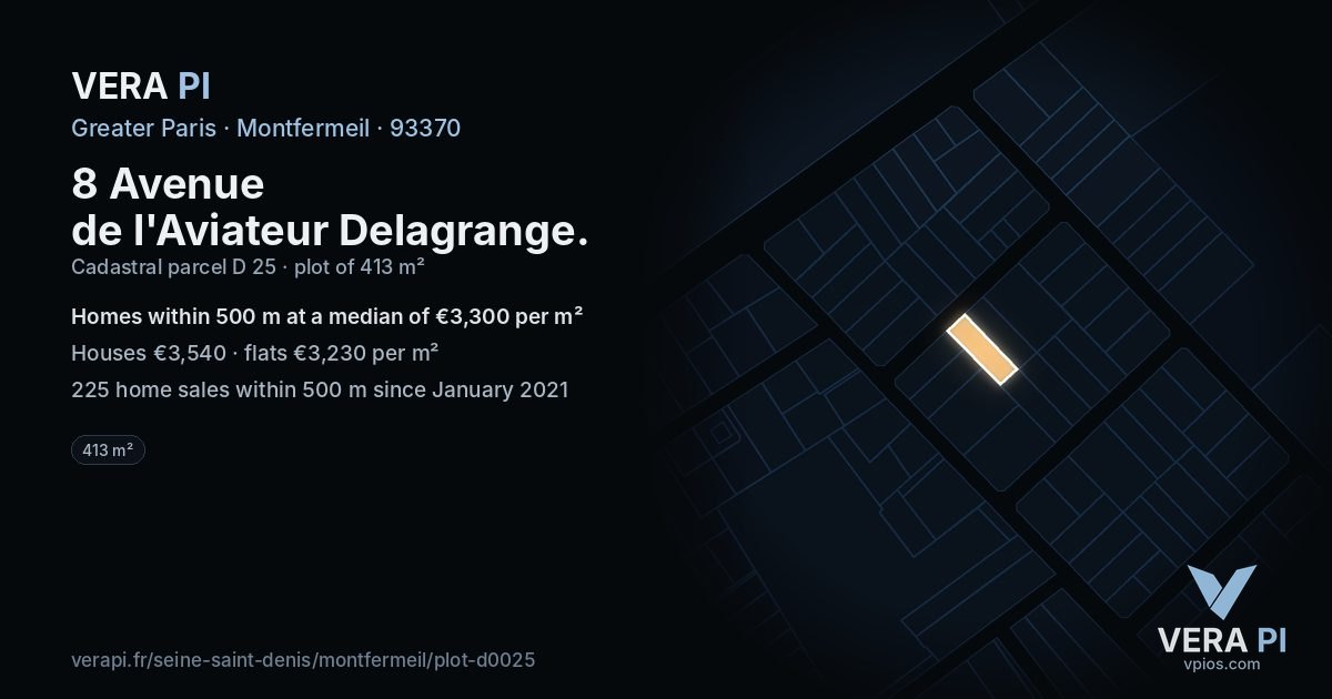 8 Avenue de l'Aviateur Delagrange, Montfermeil at night – the plot lit, the parcels around coloured by the prices near them