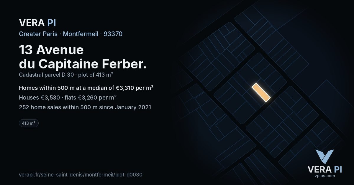 13 Avenue du Capitaine Ferber, Montfermeil at night – the plot lit, the parcels around coloured by the prices near them