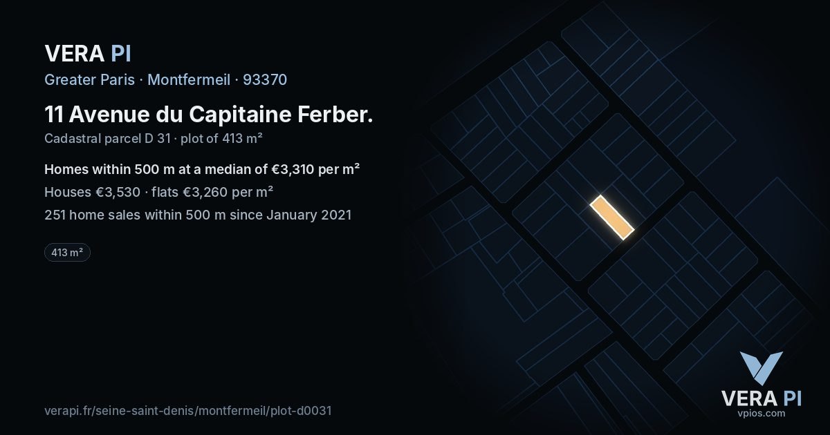11 Avenue du Capitaine Ferber, Montfermeil at night – the plot lit, the parcels around coloured by the prices near them
