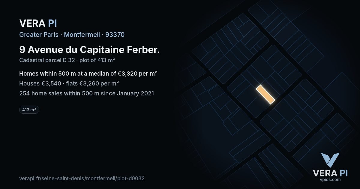 9 Avenue du Capitaine Ferber, Montfermeil at night – the plot lit, the parcels around coloured by the prices near them