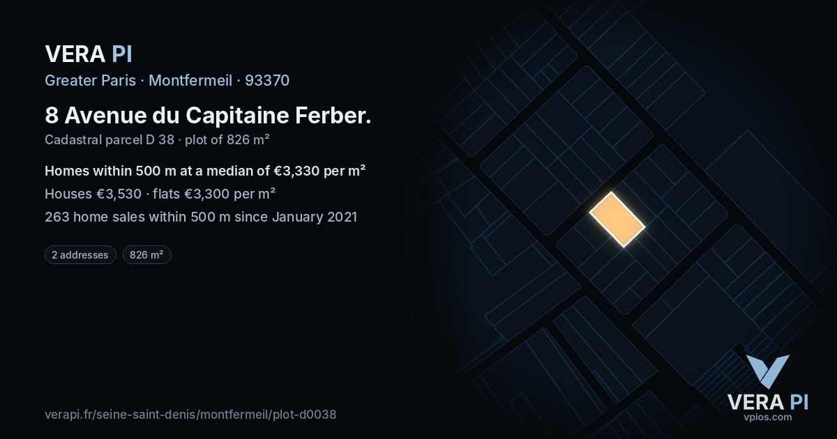 8 Avenue du Capitaine Ferber, Montfermeil at night – the plot lit, the parcels around coloured by the prices near them