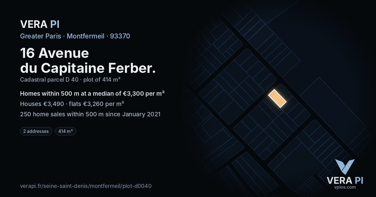 16 Avenue du Capitaine Ferber, Montfermeil at night – the plot lit, the parcels around coloured by the prices near them