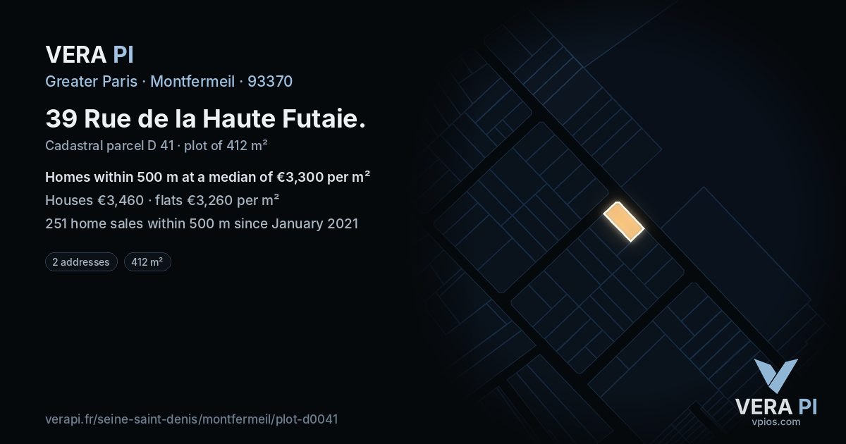 39 Rue de la Haute Futaie, Montfermeil at night – the plot lit, the parcels around coloured by the prices near them