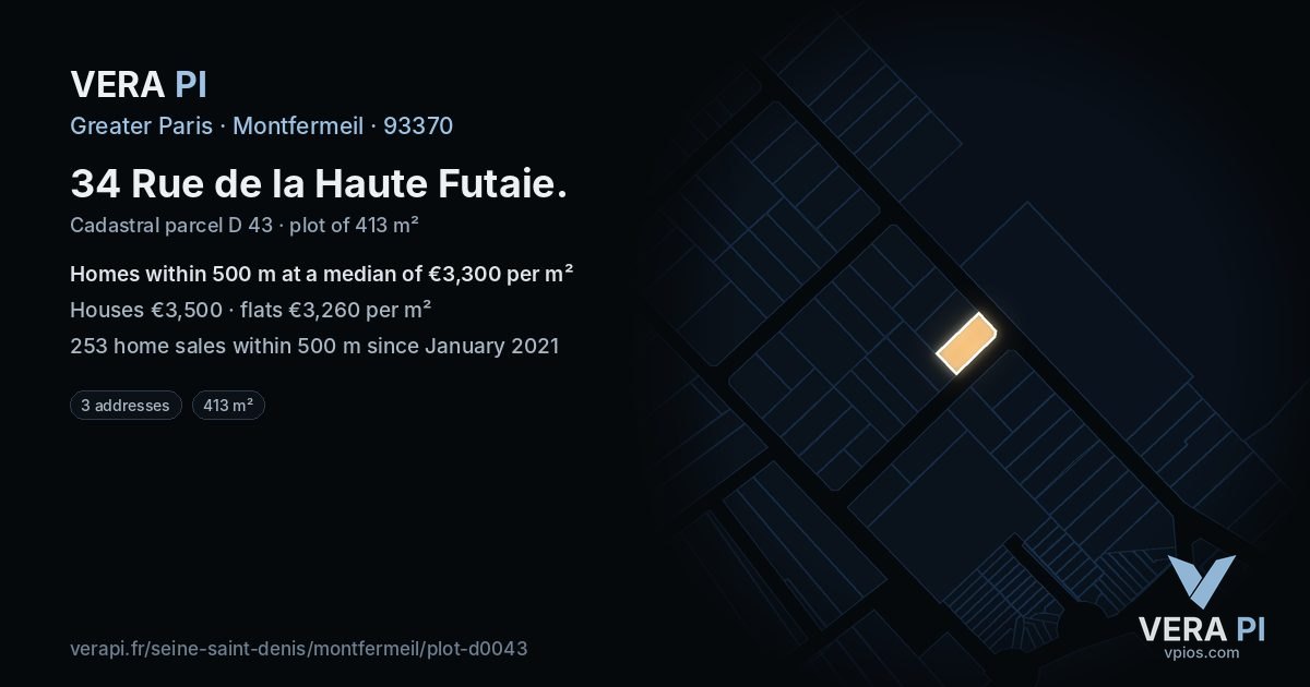 34 Rue de la Haute Futaie, Montfermeil at night – the plot lit, the parcels around coloured by the prices near them