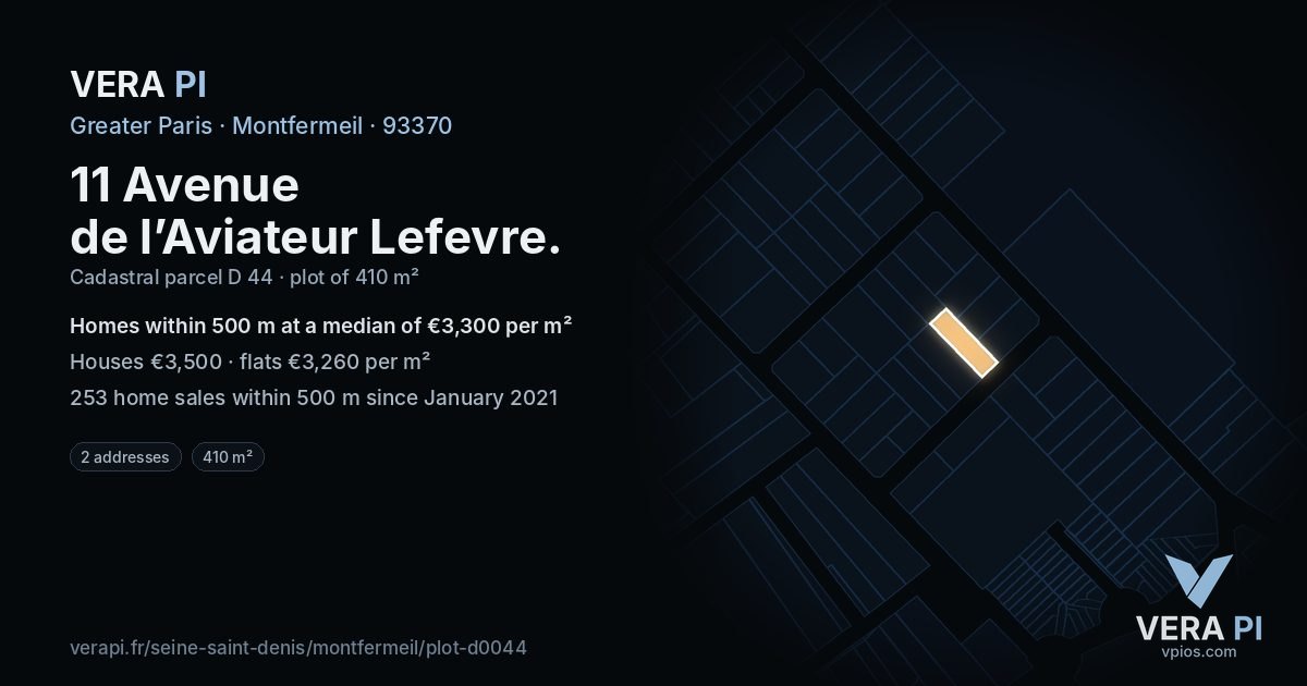 11 Avenue de l’Aviateur Lefevre, Montfermeil at night – the plot lit, the parcels around coloured by the prices near them