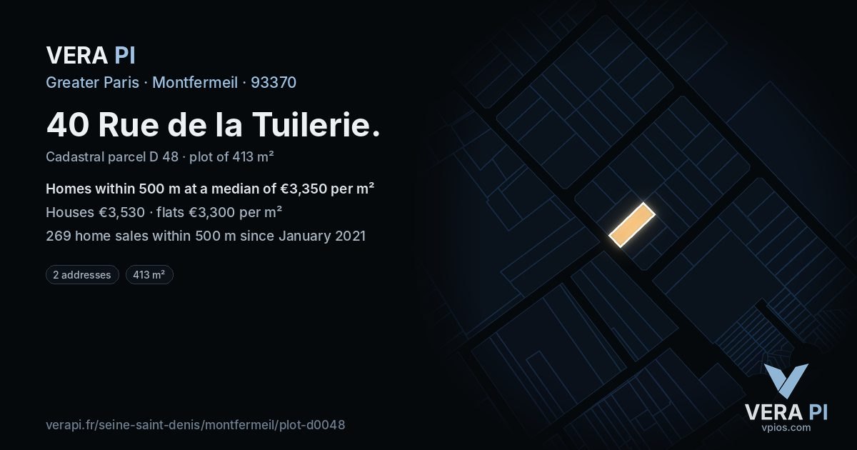 40 Rue de la Tuilerie, Montfermeil at night – the plot lit, the parcels around coloured by the prices near them
