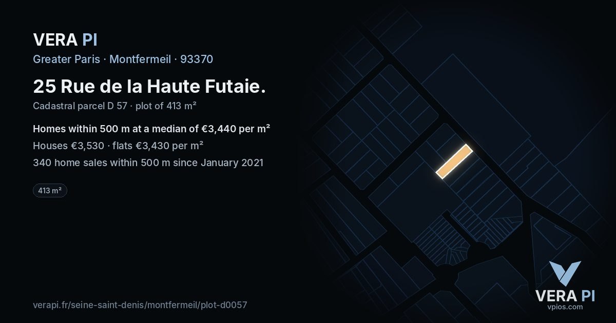 25 Rue de la Haute Futaie, Montfermeil at night – the plot lit, the parcels around coloured by the prices near them