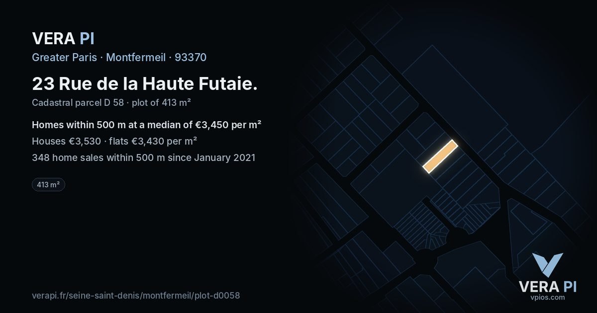 23 Rue de la Haute Futaie, Montfermeil at night – the plot lit, the parcels around coloured by the prices near them