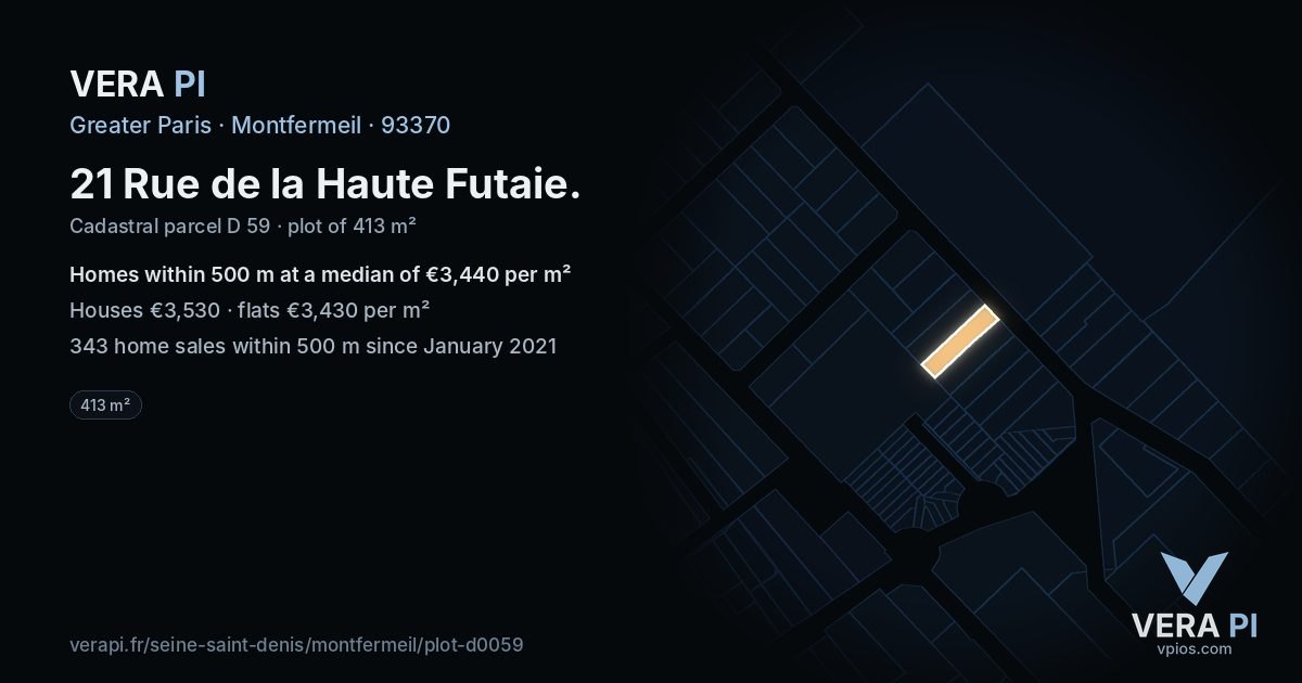 21 Rue de la Haute Futaie, Montfermeil at night – the plot lit, the parcels around coloured by the prices near them