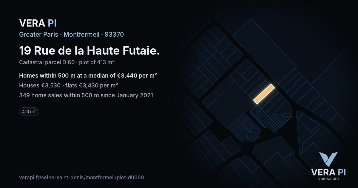 19 Rue de la Haute Futaie, Montfermeil at night – the plot lit, the parcels around coloured by the prices near them