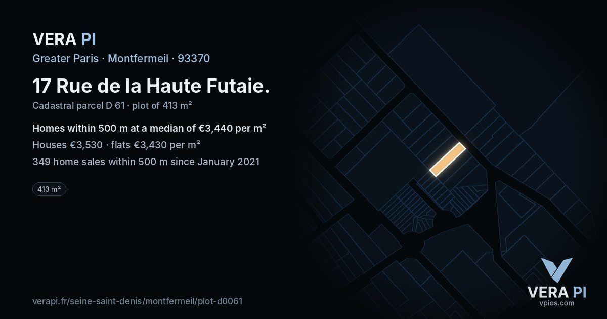 17 Rue de la Haute Futaie, Montfermeil at night – the plot lit, the parcels around coloured by the prices near them