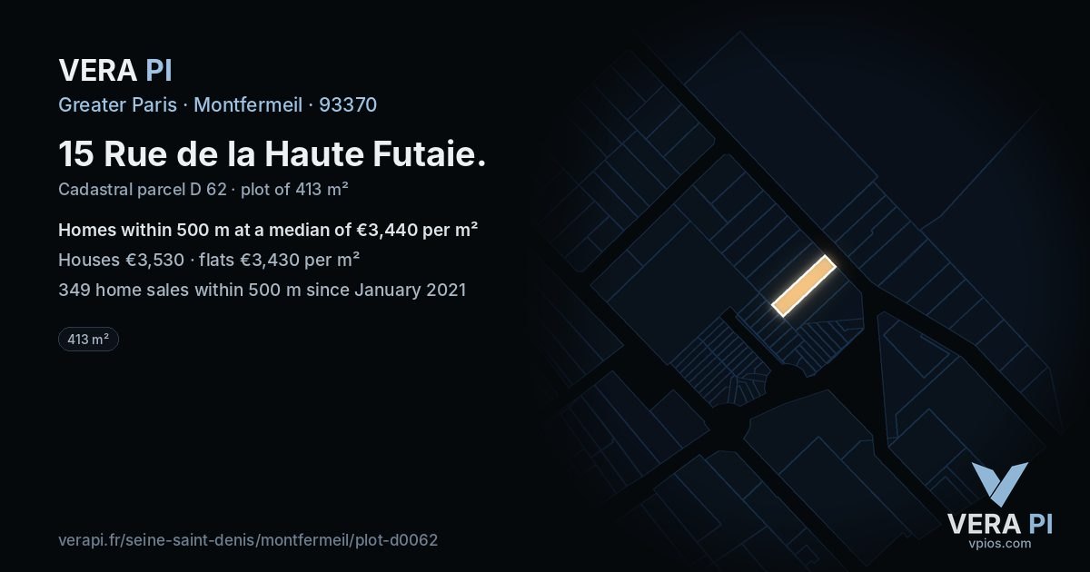 15 Rue de la Haute Futaie, Montfermeil at night – the plot lit, the parcels around coloured by the prices near them