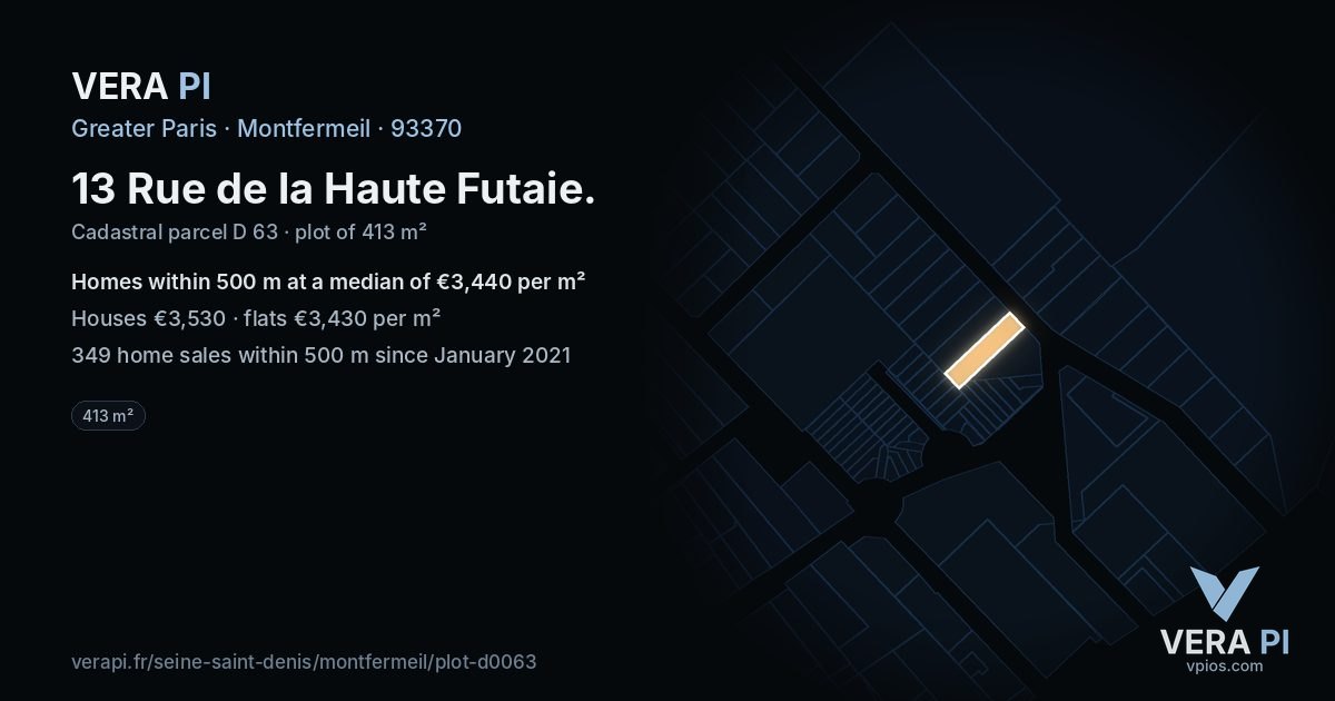 13 Rue de la Haute Futaie, Montfermeil at night – the plot lit, the parcels around coloured by the prices near them