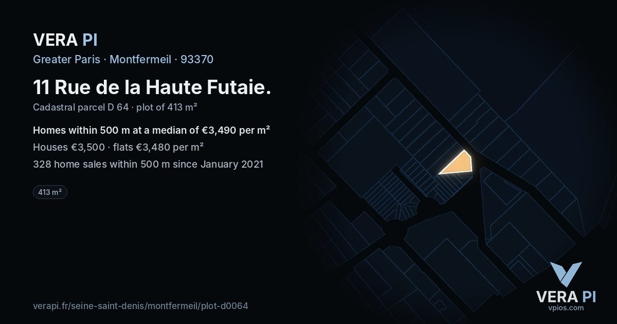 11 Rue de la Haute Futaie, Montfermeil at night – the plot lit, the parcels around coloured by the prices near them