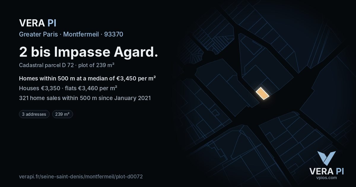 2 bis Impasse Agard, Montfermeil at night – the plot lit, the parcels around coloured by the prices near them