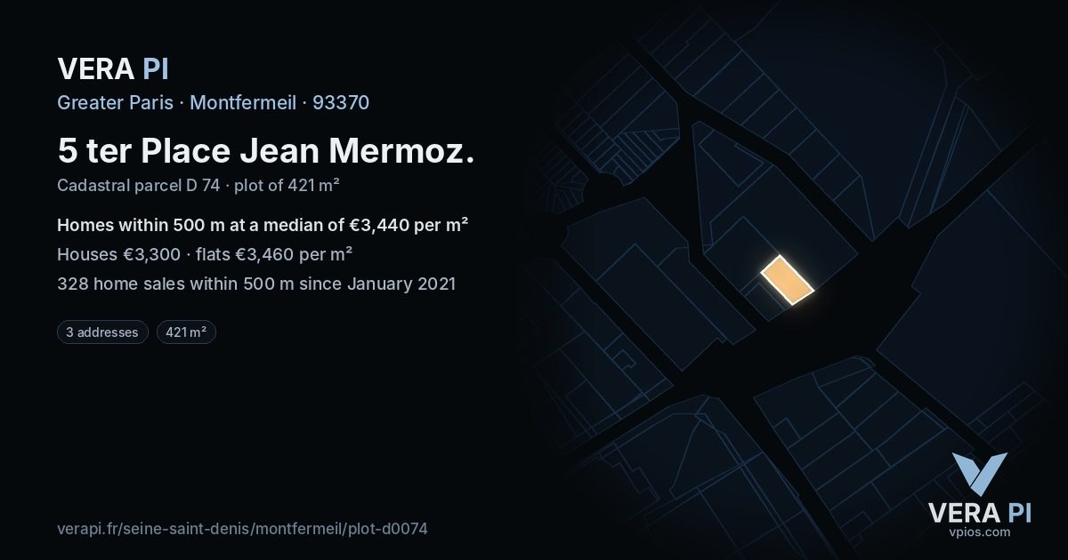 5 ter Place Jean Mermoz, Montfermeil at night – the plot lit, the parcels around coloured by the prices near them