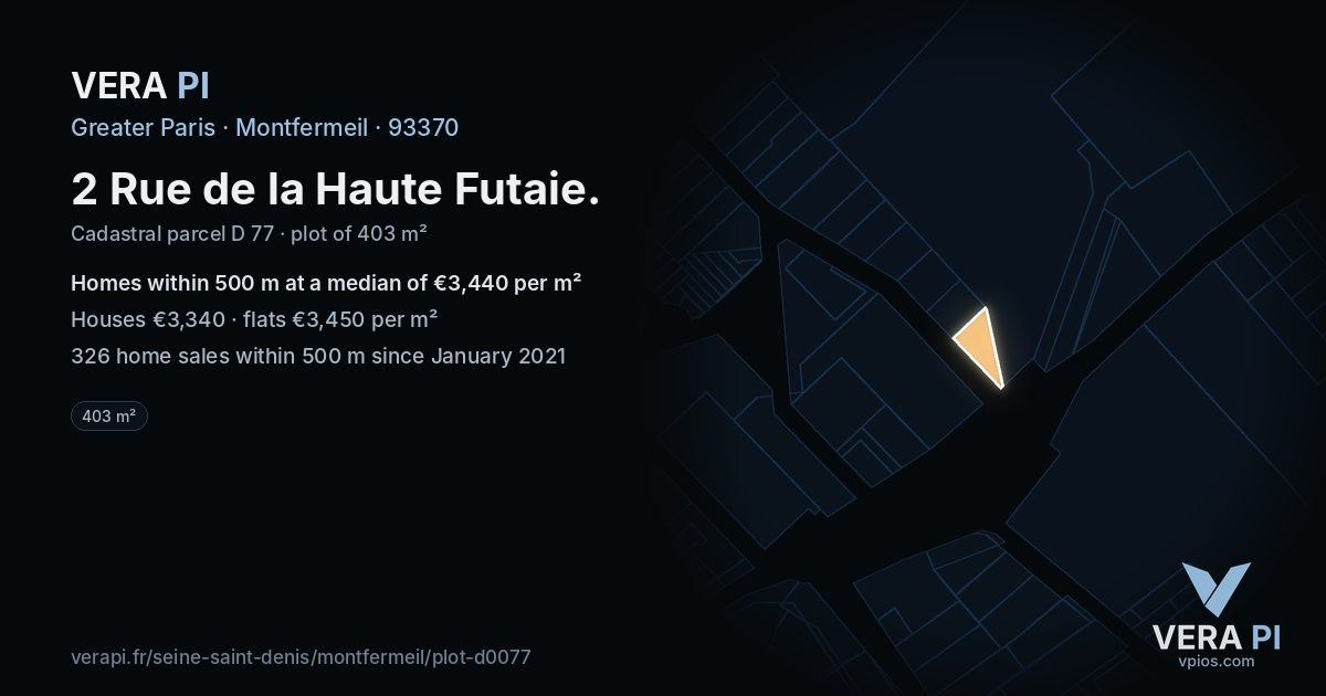 2 Rue de la Haute Futaie, Montfermeil at night – the plot lit, the parcels around coloured by the prices near them