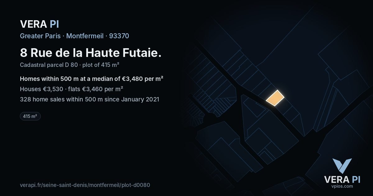 8 Rue de la Haute Futaie, Montfermeil at night – the plot lit, the parcels around coloured by the prices near them