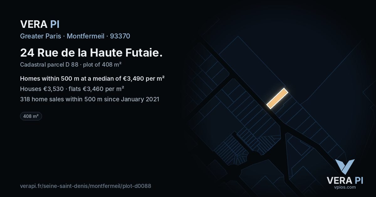 24 Rue de la Haute Futaie, Montfermeil at night – the plot lit, the parcels around coloured by the prices near them
