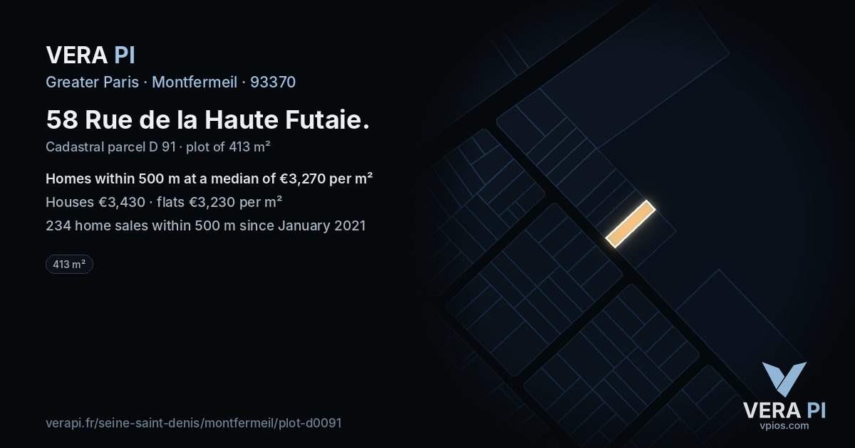 58 Rue de la Haute Futaie, Montfermeil at night – the plot lit, the parcels around coloured by the prices near them