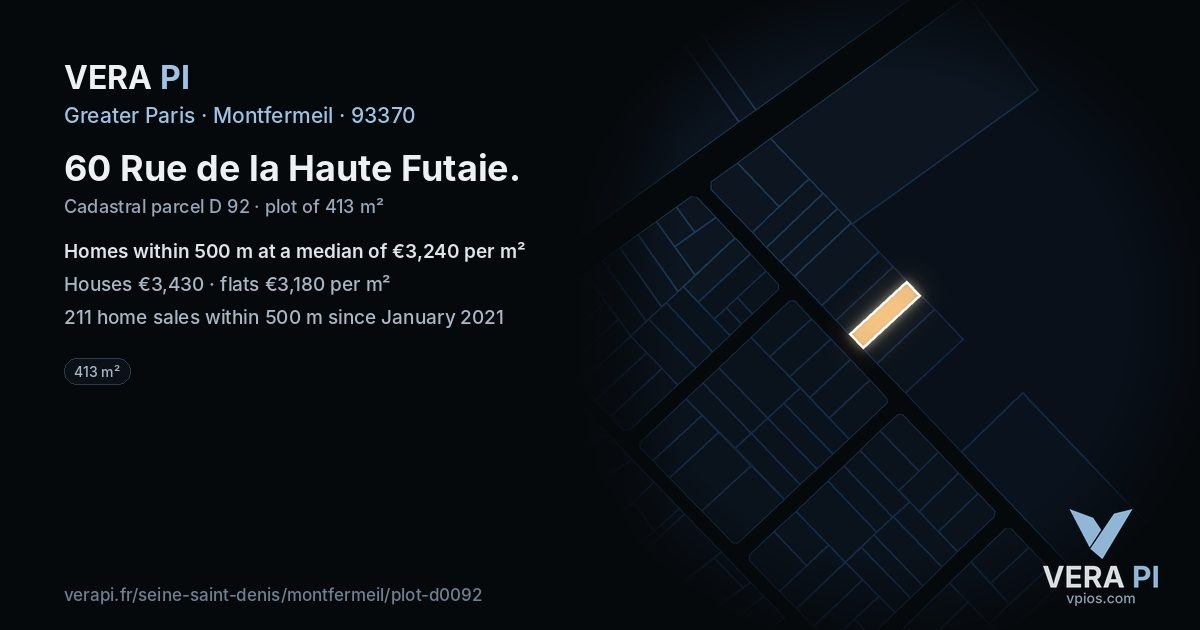 60 Rue de la Haute Futaie, Montfermeil at night – the plot lit, the parcels around coloured by the prices near them