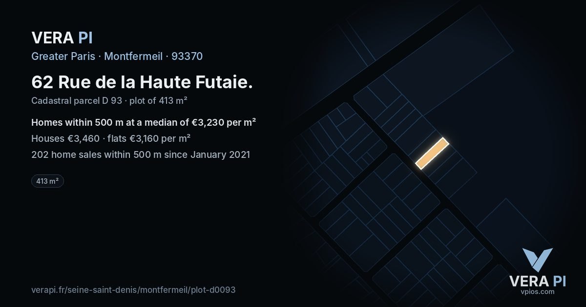 62 Rue de la Haute Futaie, Montfermeil at night – the plot lit, the parcels around coloured by the prices near them