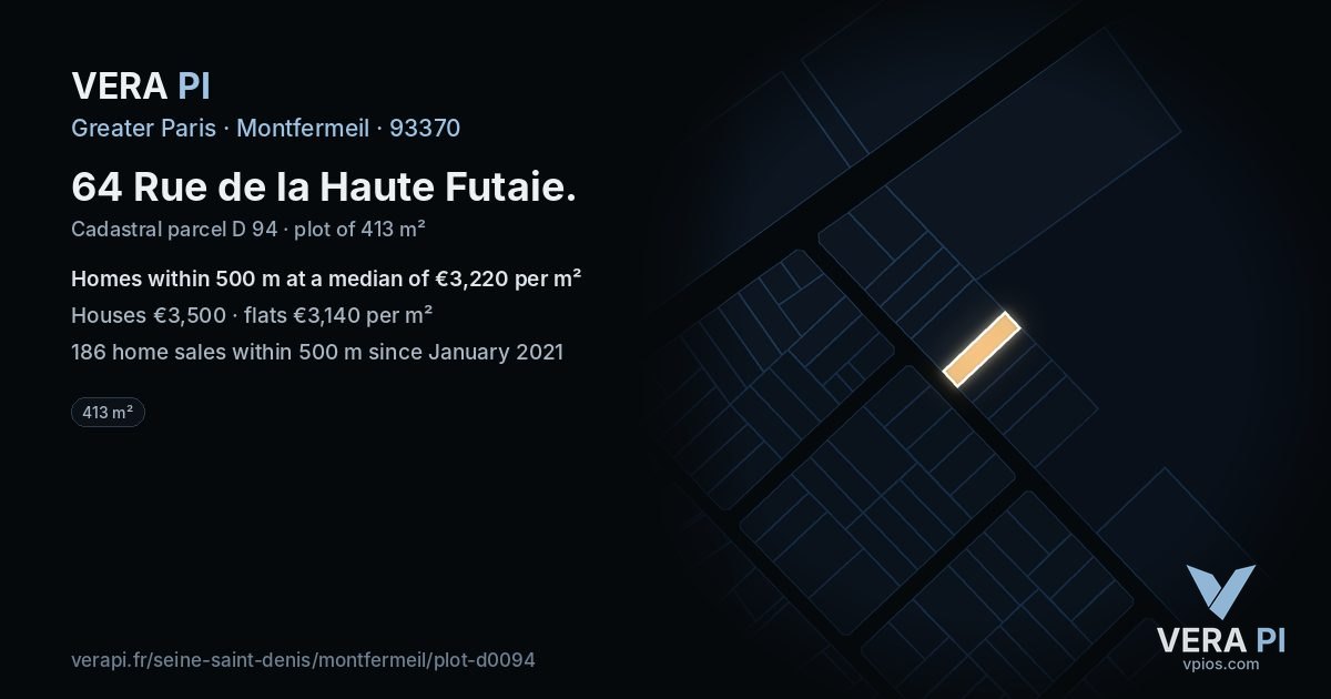 64 Rue de la Haute Futaie, Montfermeil at night – the plot lit, the parcels around coloured by the prices near them