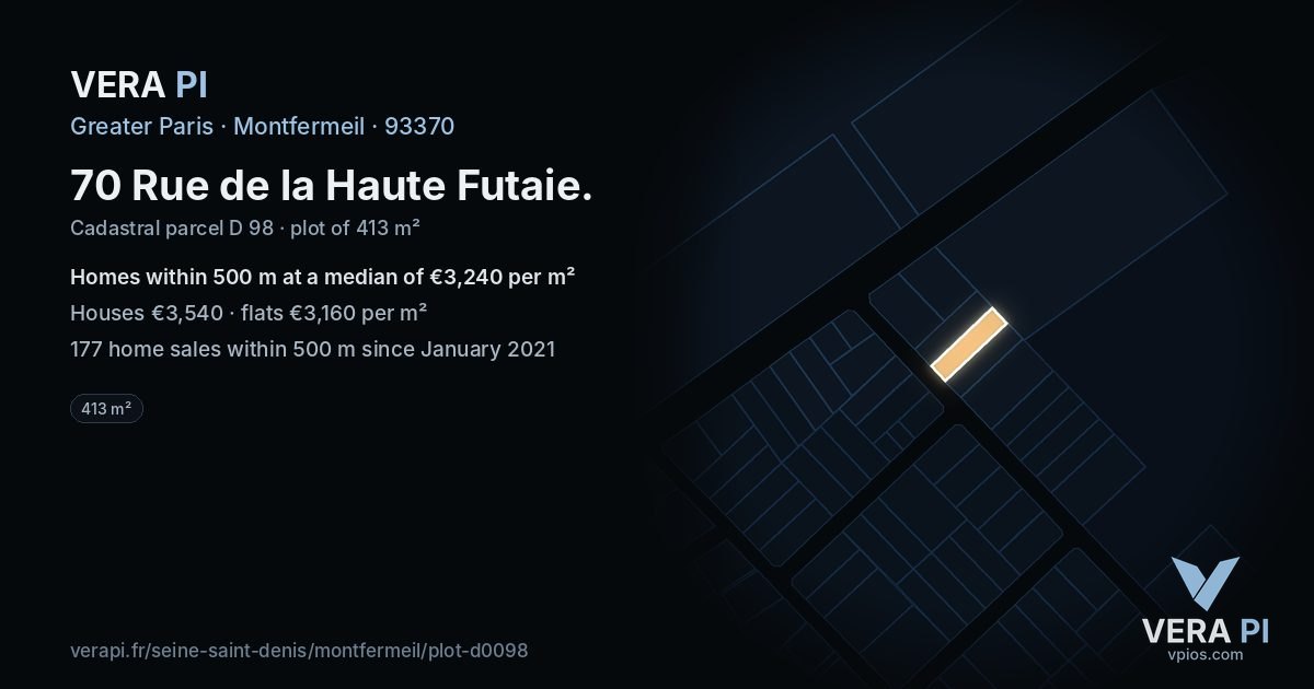 70 Rue de la Haute Futaie, Montfermeil at night – the plot lit, the parcels around coloured by the prices near them