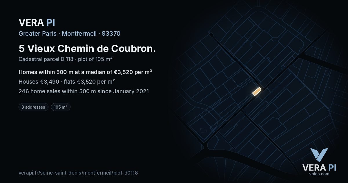 5 Vieux Chemin de Coubron, Montfermeil at night – the plot lit, the parcels around coloured by the prices near them