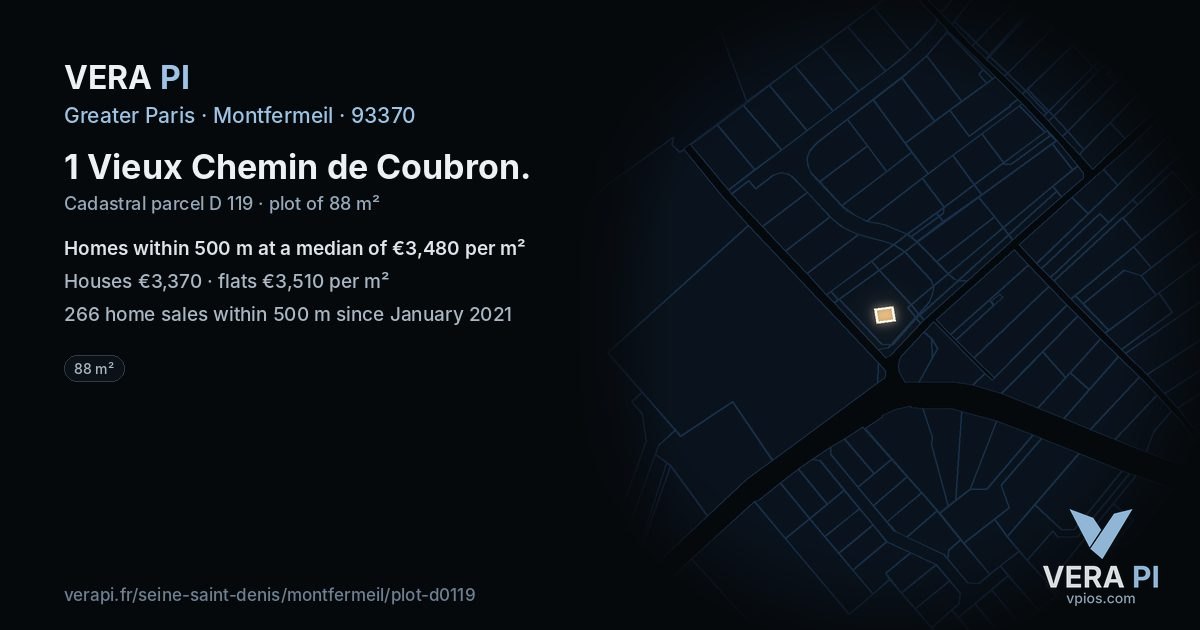 1 Vieux Chemin de Coubron, Montfermeil at night – the plot lit, the parcels around coloured by the prices near them