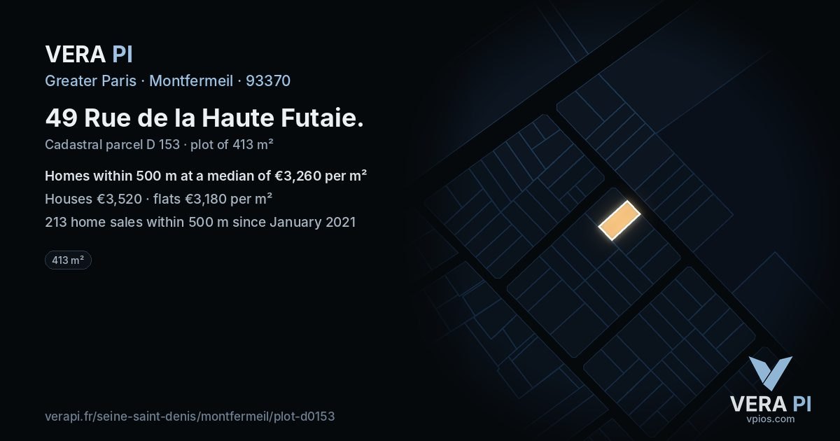 49 Rue de la Haute Futaie, Montfermeil at night – the plot lit, the parcels around coloured by the prices near them