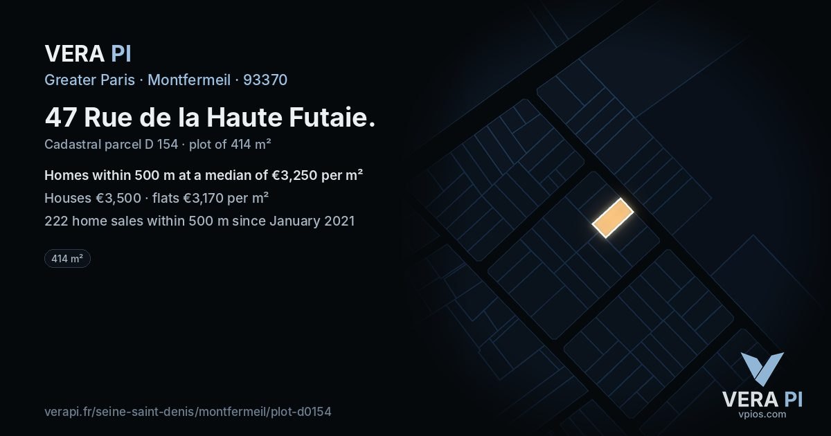 47 Rue de la Haute Futaie, Montfermeil at night – the plot lit, the parcels around coloured by the prices near them